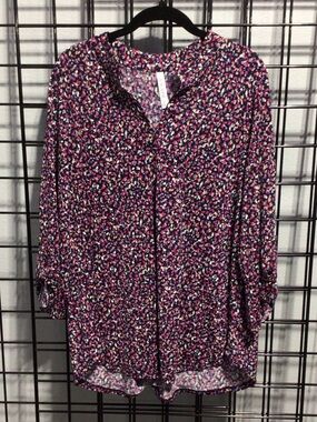 Dear Scarlett Navy Top with Pink Purple Cream and Teal Confetti Print